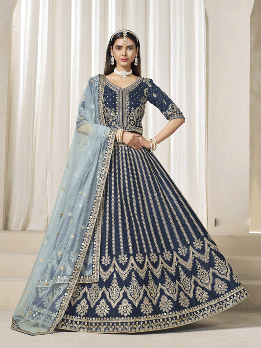 Dashing Navy Blue Art Silk Bridal Lehenga Choli with Heavy Golden Embroidery and Net Dupatta