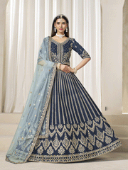Dashing Navy Blue Art Silk Bridal Lehenga Choli with Heavy Golden Embroidery and Net Dupatta