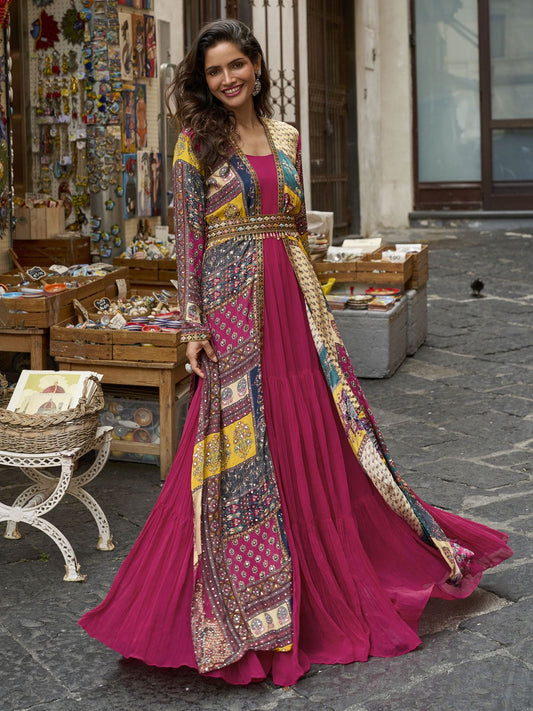 Magenta Multi Embroidered Jacket Style Anarkali Gown