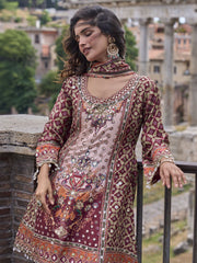 Pink And Red Printed Embroidered Palazzo Suit