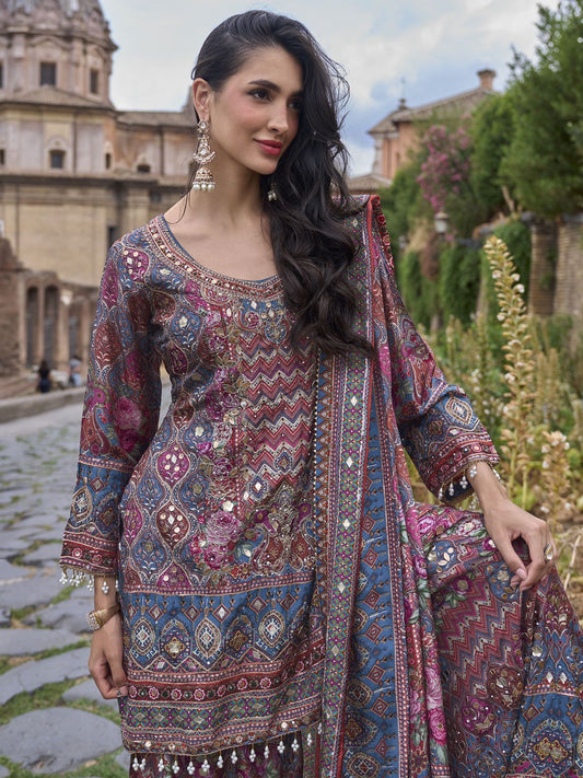 Magenta And Blue Printed Embroidered Palazzo Suit