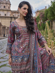 Magenta And Blue Printed Embroidered Palazzo Suit