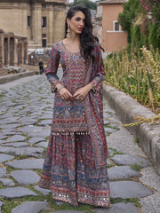 Magenta And Blue Printed Embroidered Palazzo Suit