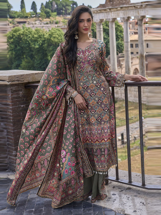 Magenta And Olive Printed Embroidered Palazzo Suit