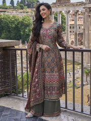 Magenta And Olive Printed Embroidered Palazzo Suit