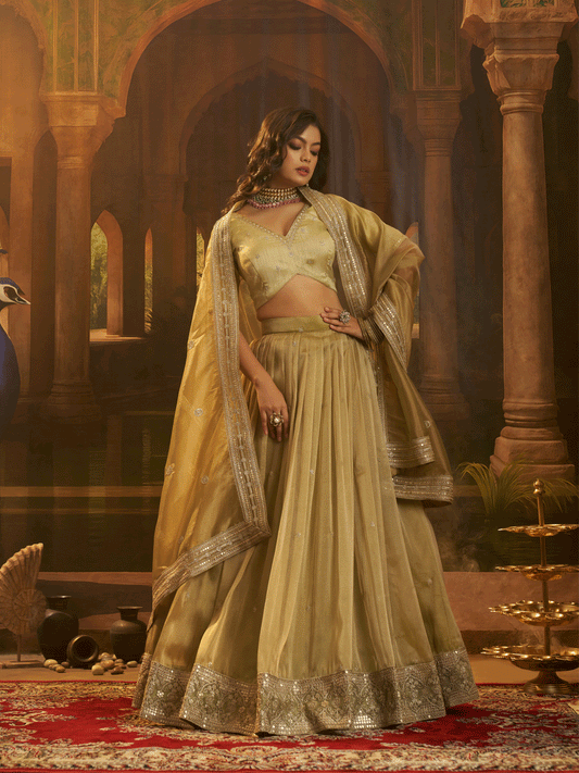 Beige Wedding Wear Art Silk Sequins Work Lehenga Choli With Dupatta
