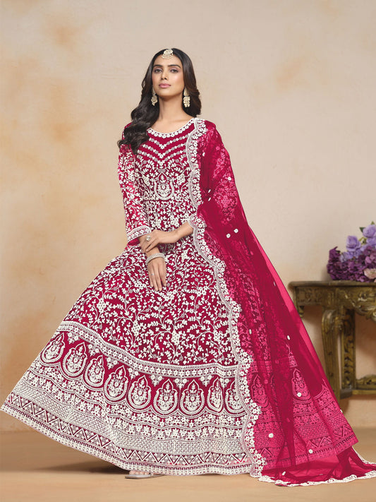 Embroidered Net Abaya Style Suit in Fuchsia