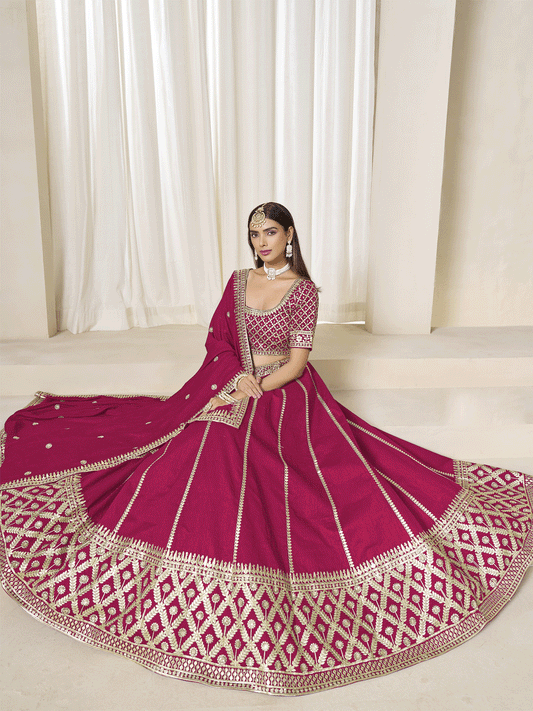 Rani Pink Silk Zari Embroidered Gota Lehenga Wedding Wear