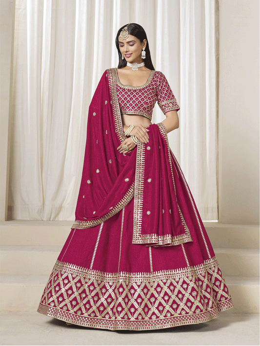 Rani Pink Silk Zari Embroidered Gota Lehenga Wedding Wear
