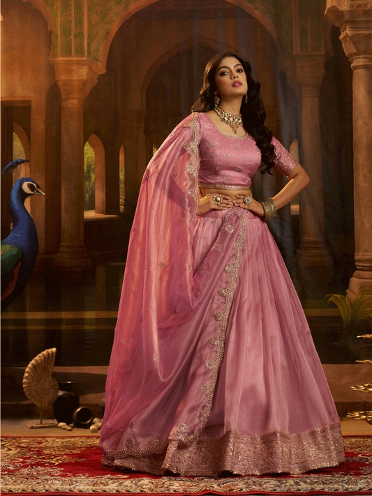 Art Silk Sequins Work Pink Wedding Wear Lehenga Choli With Dupatta