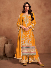 Mustard Embroidered Partywear Palazzo-Suit