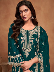 Green Embroidered Partywear Palazzo-Suit