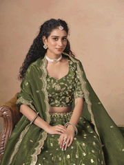 Green Organza Crushed Embroidered Lehenga Choli