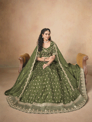 Green Organza Crushed Embroidered Lehenga Choli