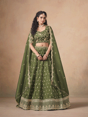 Green Organza Crushed Embroidered Lehenga Choli