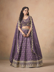 Purple Organza Crushed Embroidered Lehenga Choli