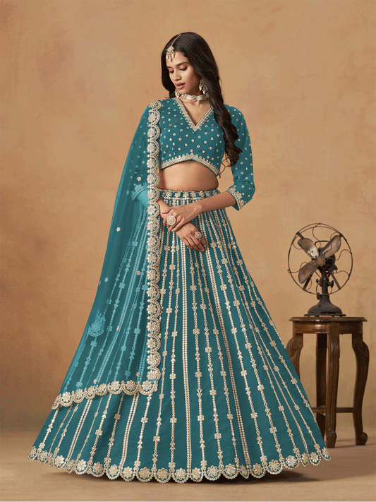Wedding Festive Rama Embroidered Lehenga Choli