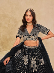 Black Silk Sequins Umbrella Lehenga Wedding Wear