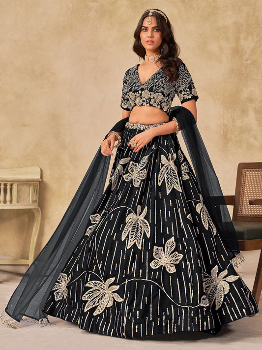 Black Silk Sequins Umbrella Lehenga Wedding Wear