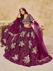 Purple Silk Sequins Umbrella Lehenga Wedding Wear