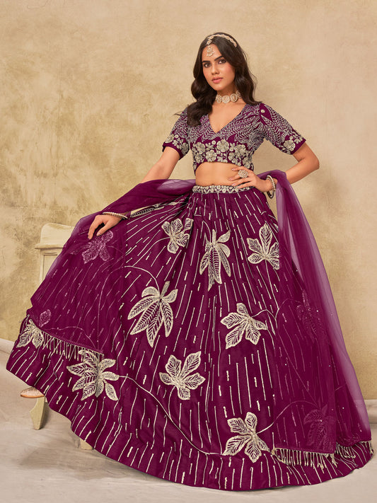 Purple Silk Sequins Umbrella Lehenga Wedding Wear