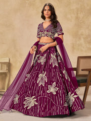 Purple Silk Sequins Umbrella Lehenga Wedding Wear