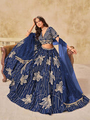 Blue Silk Sequins Umbrella Lehenga Wedding Wear