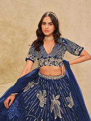 Blue Silk Sequins Umbrella Lehenga Wedding Wear