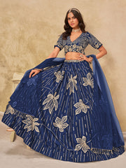 Blue Silk Sequins Umbrella Lehenga Wedding Wear