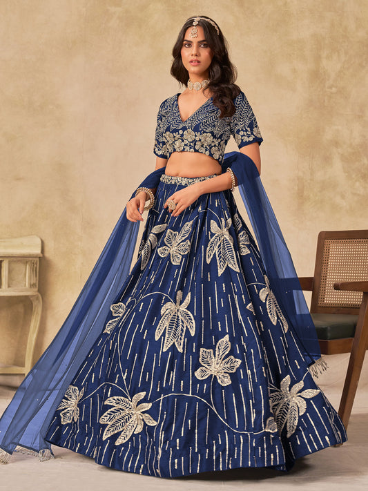 Blue Silk Sequins Umbrella Lehenga Wedding Wear