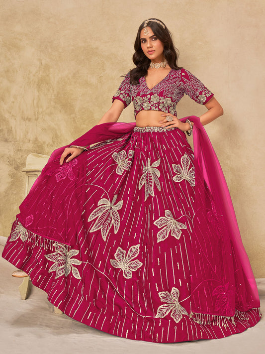 Rani Pink Silk Sequins Umbrella Lehenga Wedding Wear
