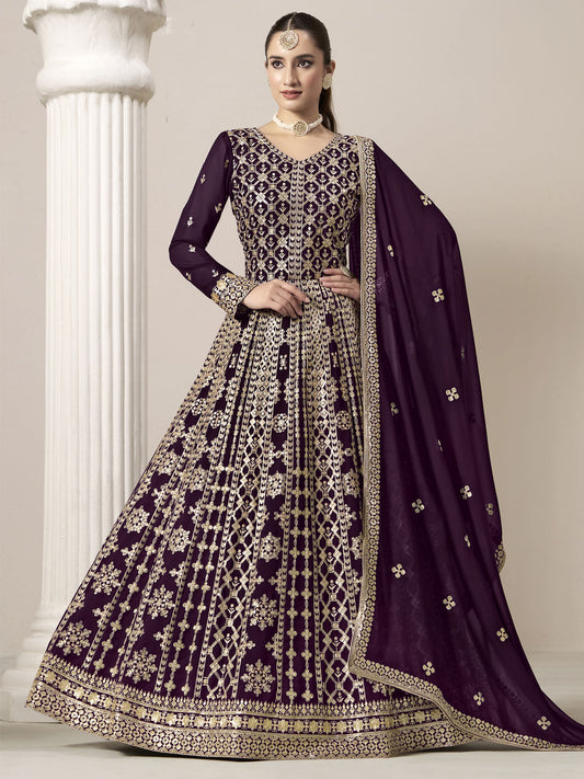 Purple Embroidery Georgette Anarkali Suit