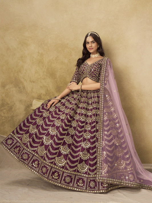 Wedding Festive Art Silk Purple Embroidered Lehenga Choli