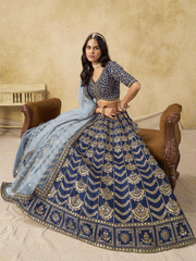 Wedding Festive Art Silk Blue Embroidered Lehenga Choli