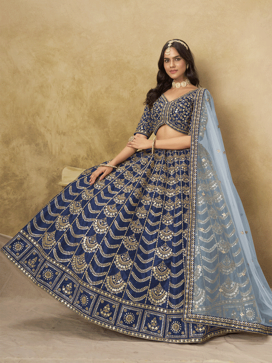 Wedding Festive Art Silk Blue Embroidered Lehenga Choli
