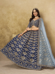 Wedding Festive Art Silk Blue Embroidered Lehenga Choli