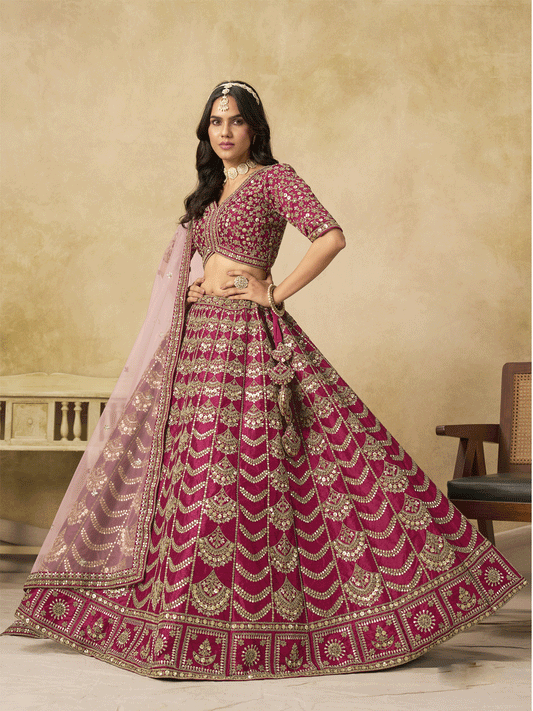 Wedding Festive Art Silk Pink Embroidered Lehenga Choli