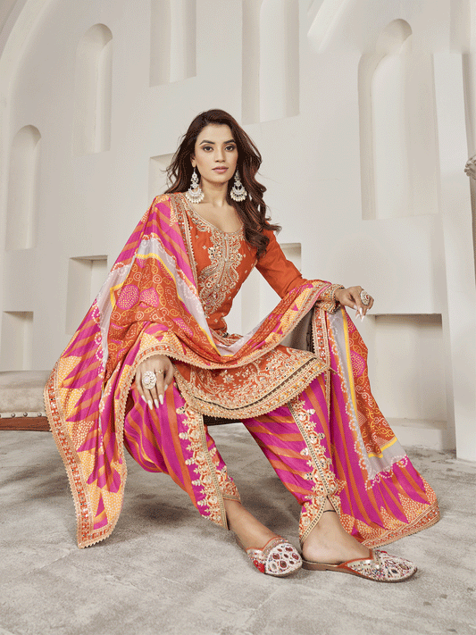 Embroidered Chinon Silk Punjabi Suit in Orange