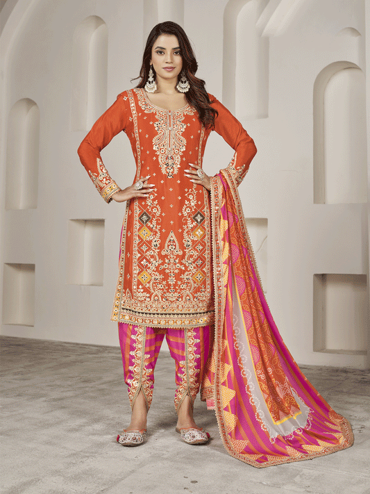 Embroidered Chinon Silk Punjabi Suit in Orange