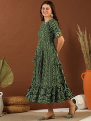 Green Bandhini Printed Cotton Tie Up Lace Fit & Flare Midi Ethnic Dress