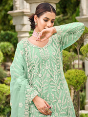 Mint Green Thread Embroidery Festive Palazzo Suit
