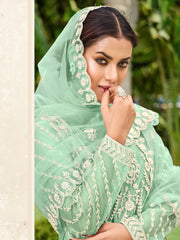 Mint Green Thread Embroidery Festive Palazzo Suit