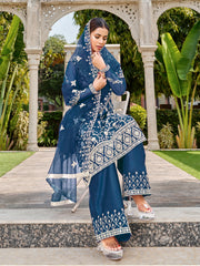 Royal Blue Thread Embroidery Festive Palazzo Suit
