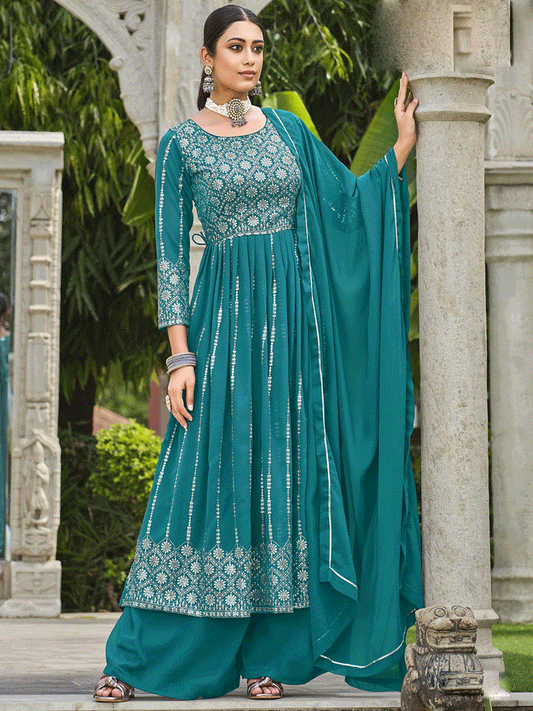 Teal Faux Georgette Embroidered Salwar Kameez