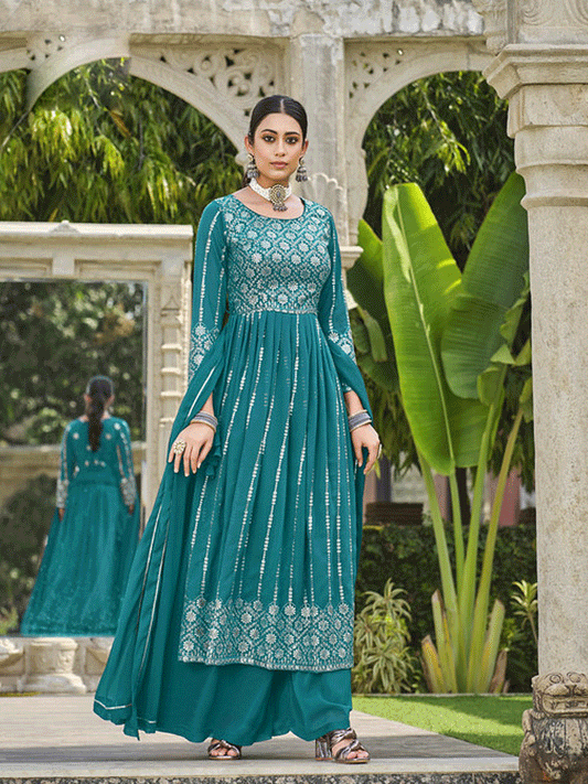 Teal Faux Georgette Embroidered Salwar Kameez