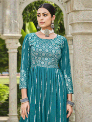 Teal Faux Georgette Embroidered Salwar Kameez