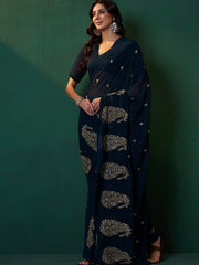 Navy Blue Paisley Embroidered Sequined Zari Saree