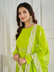 Green Gotta Patti Belted Georgette Fit & Flare Ethnic Dress & Dupatta