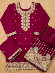 Magenta Embroidered Chinnon Silk Palazzo Suit