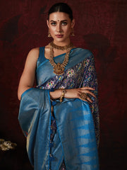 Blue Patola Printed Silk Wedding Wear Saree With Blouse